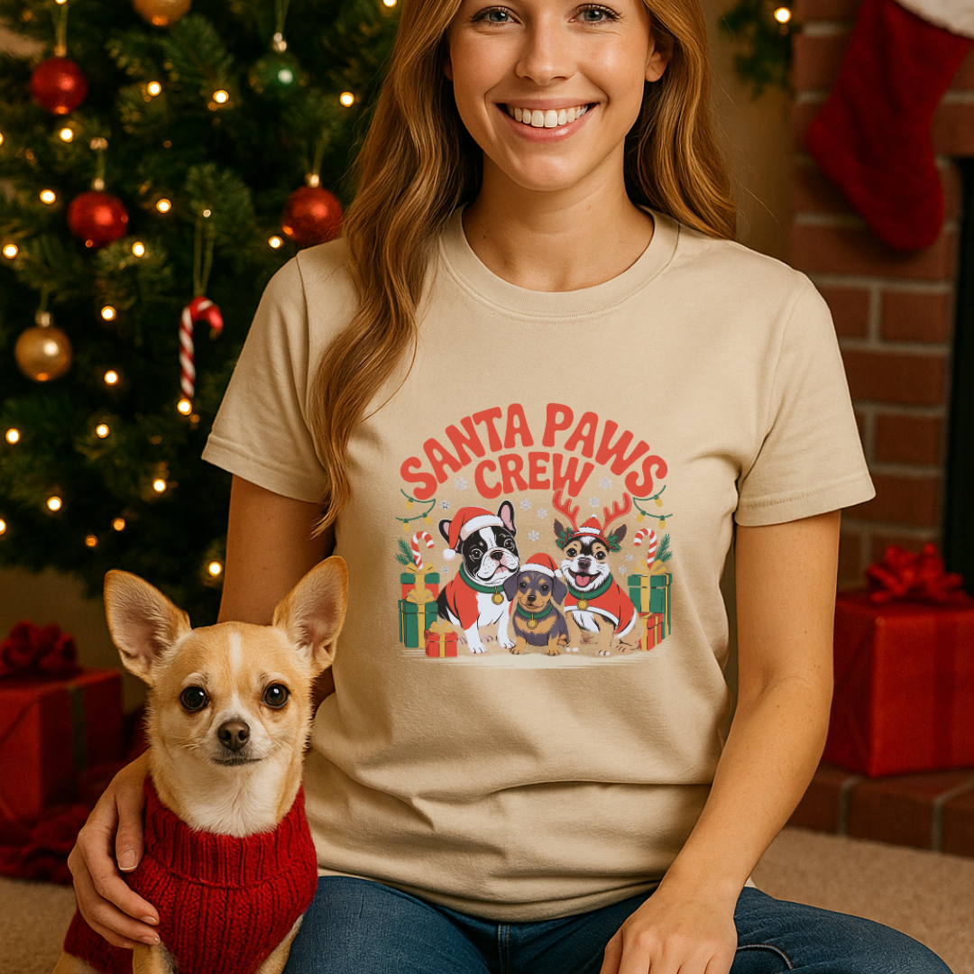 Unisex t-shirt with retro dog graphic and ‘Santa Paws Crew’ text, perfect for dog lovers.