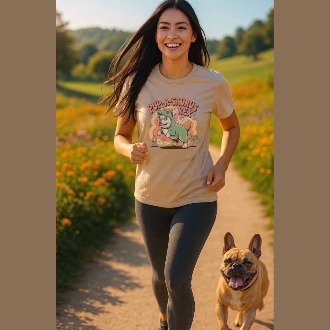 Woman running with a dog on a path in a field, wearing a t-shirt with a graphic design.