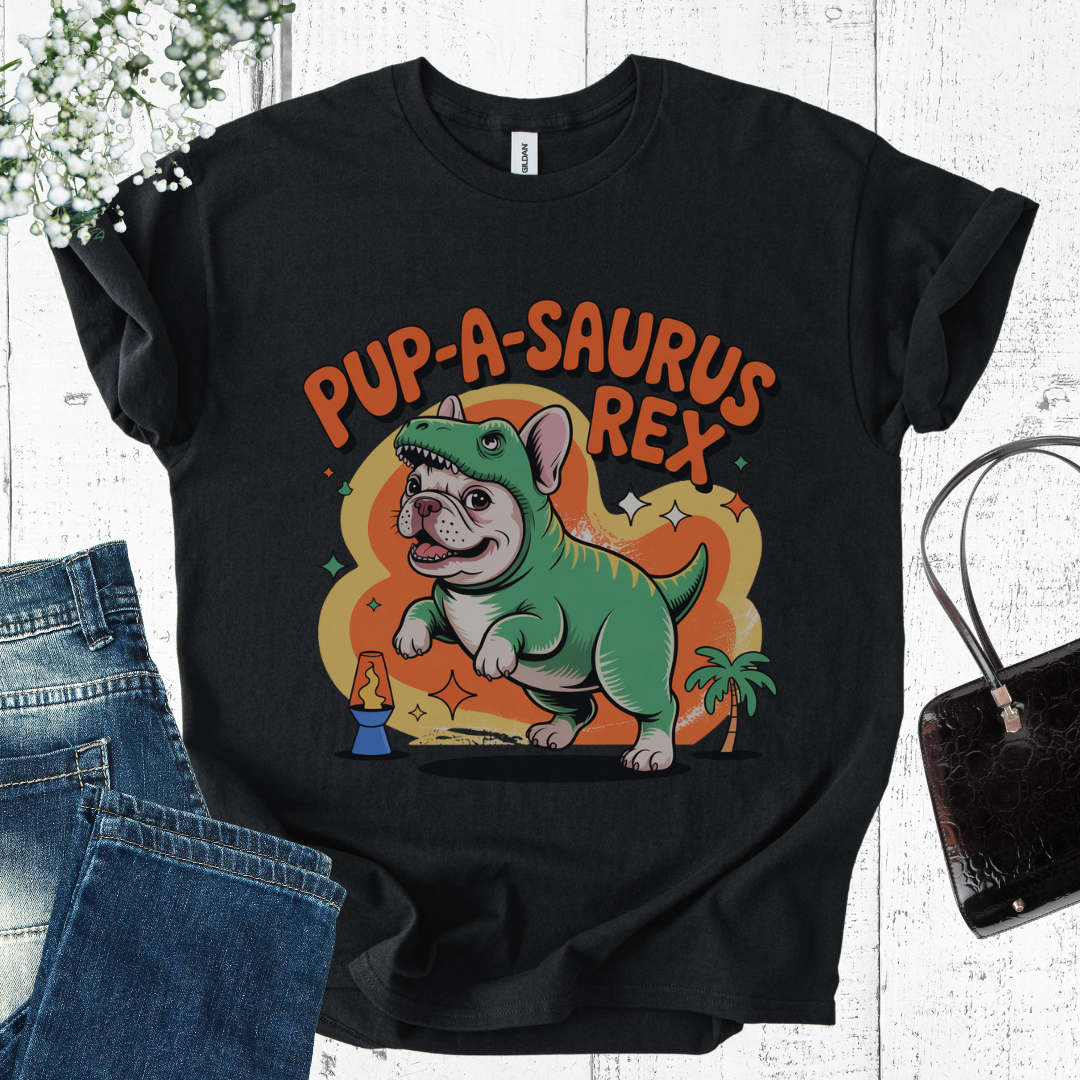 Black t-shirt with a dinosaur-themed graphic and text on a white background