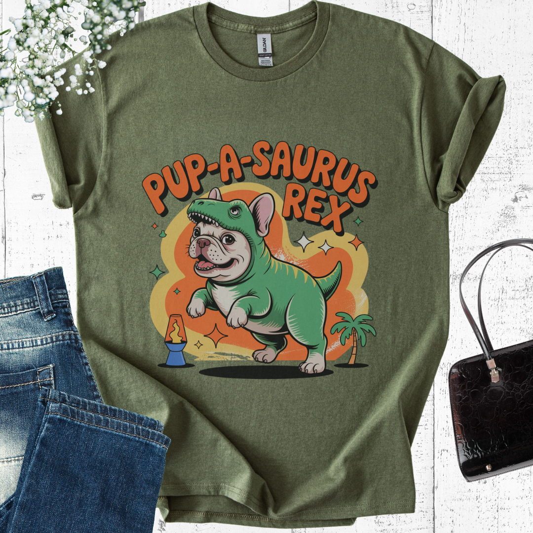 Green t-shirt with 'Pup-A-Saurus Rex' graphic design on a white background