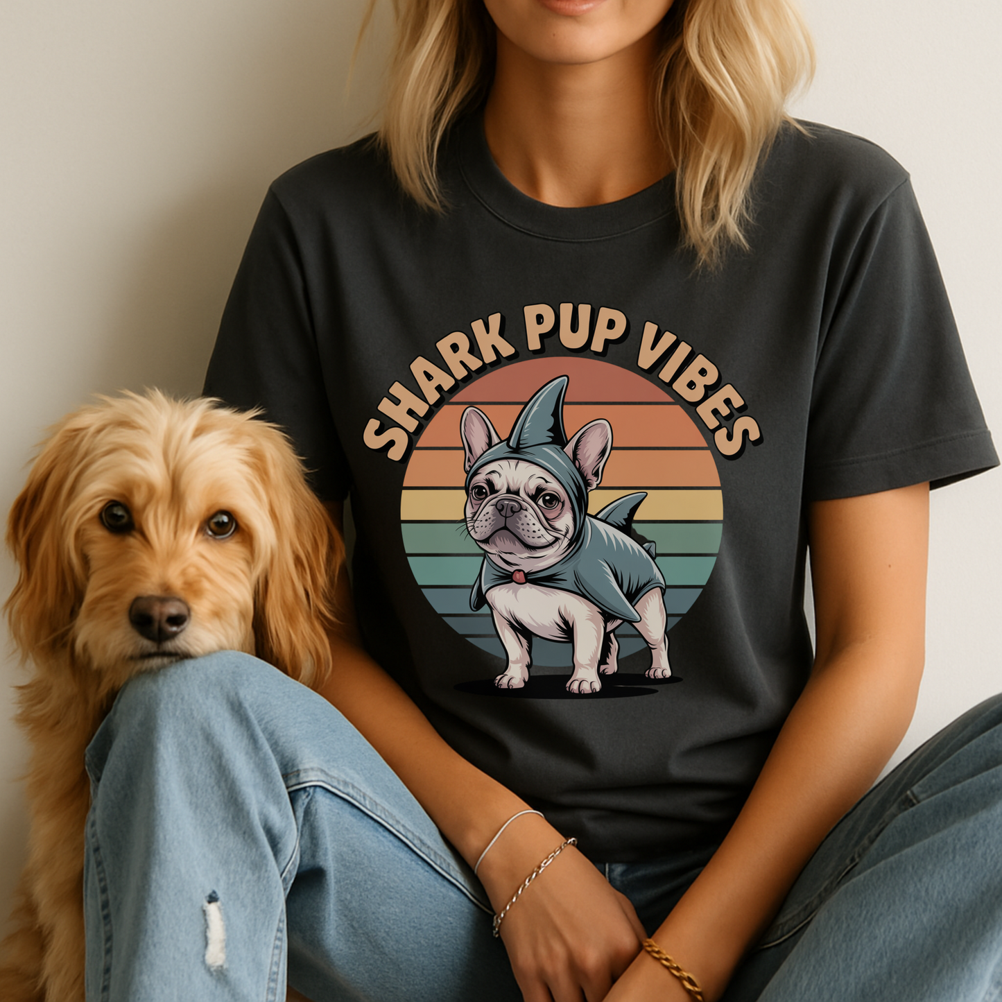 Person wearing a black t-shirt with 'Shark Pup Vibes' graphic and a dog sitting next to them.