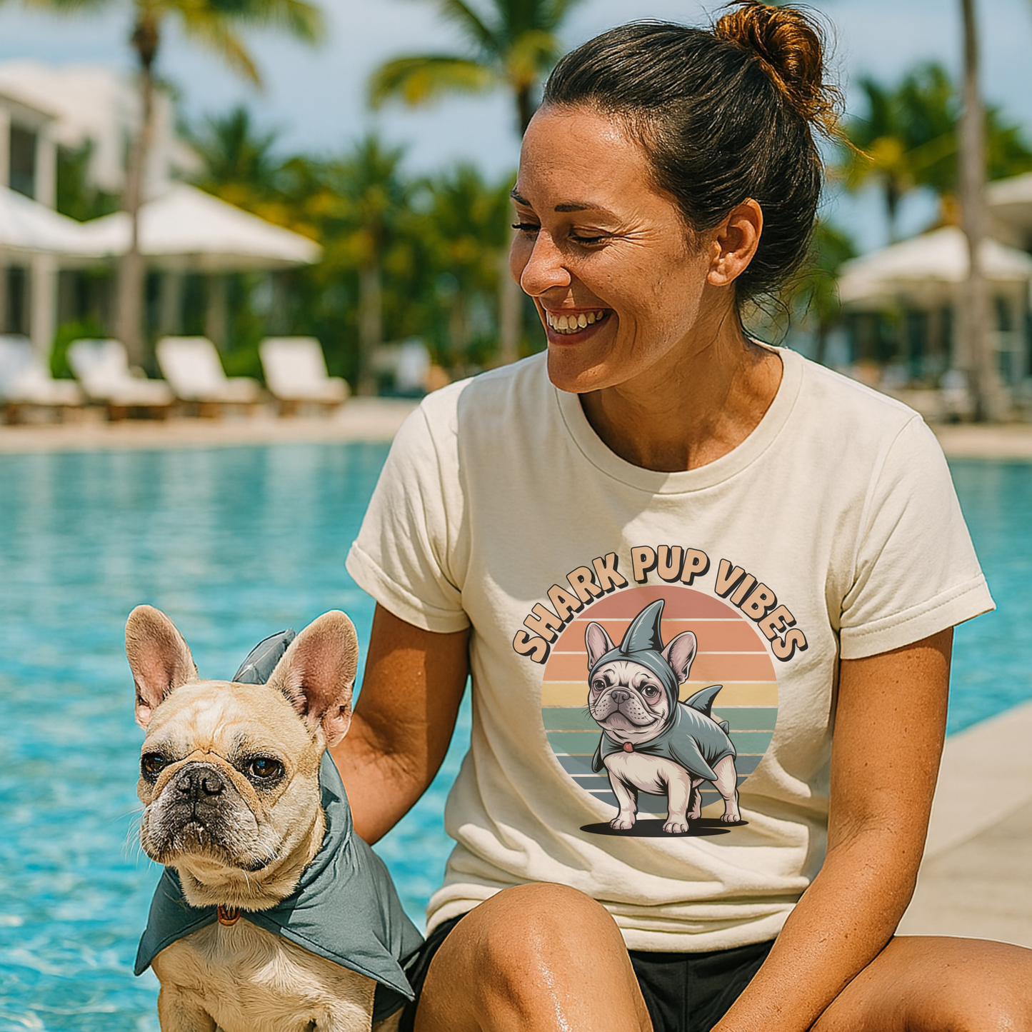Woman wearing a 'Shark Pup Vibes' t-shirt with a dog by a pool