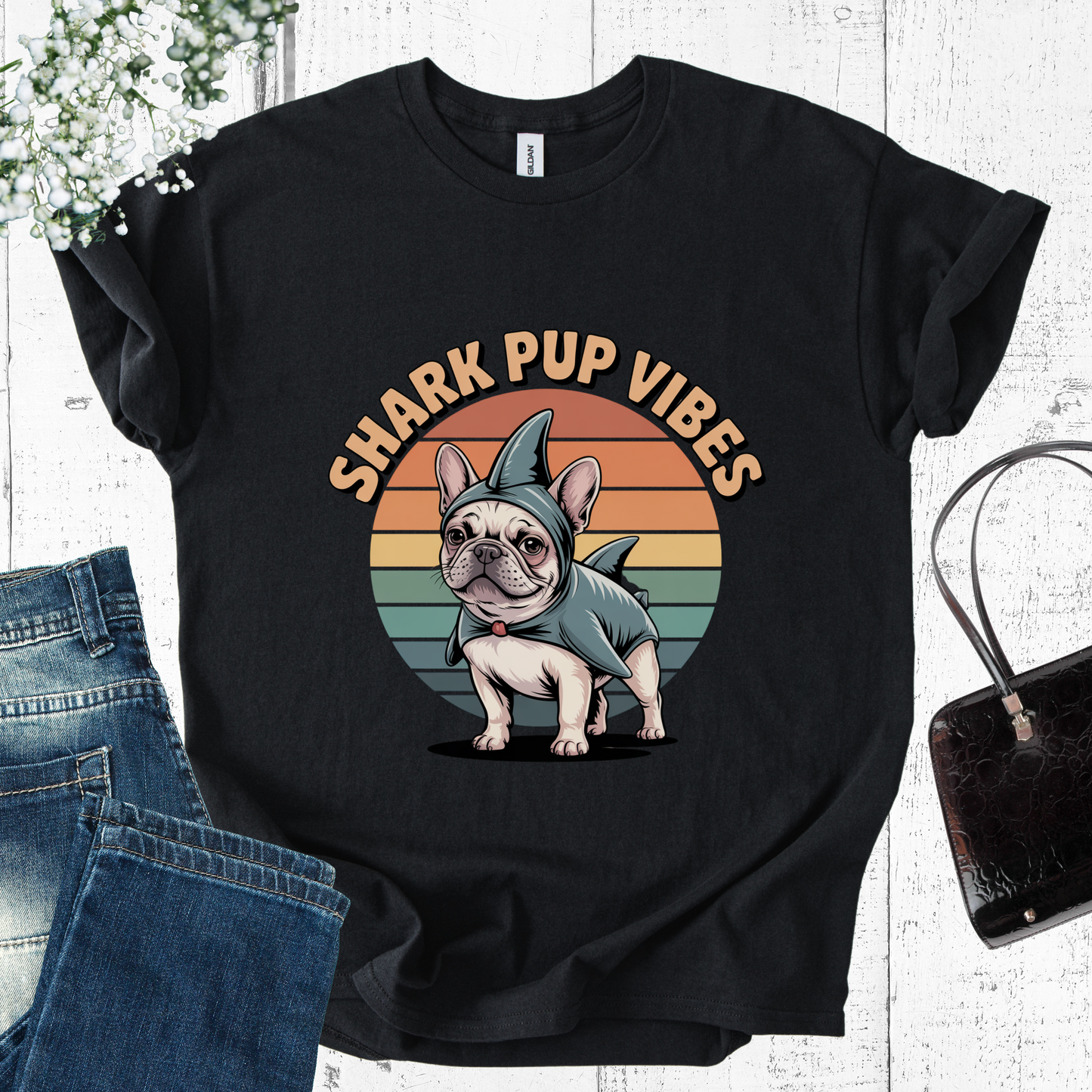 Black t-shirt with 'Shark Pup Vibes' graphic on a white background