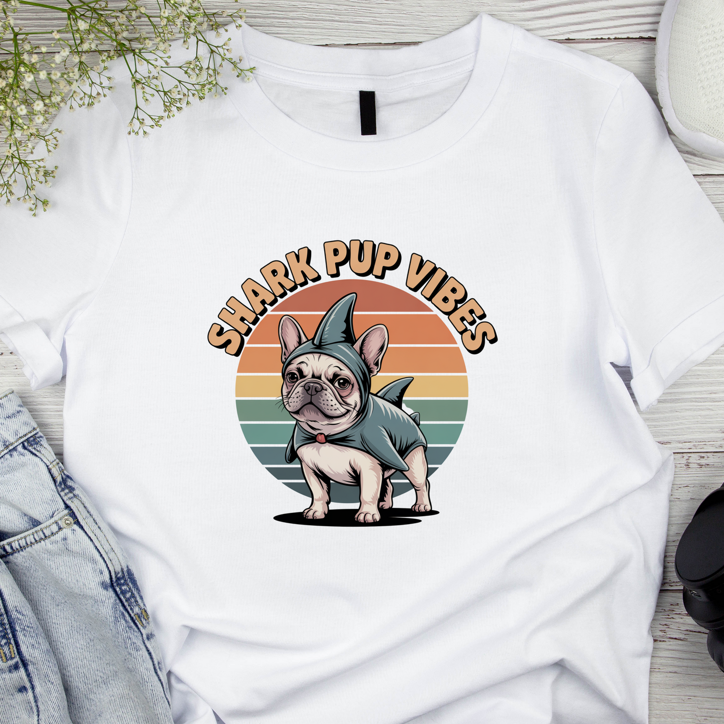 White t-shirt with a dog in a shark costume graphic and 'Shark Pup Vibes' text on a wooden surface.