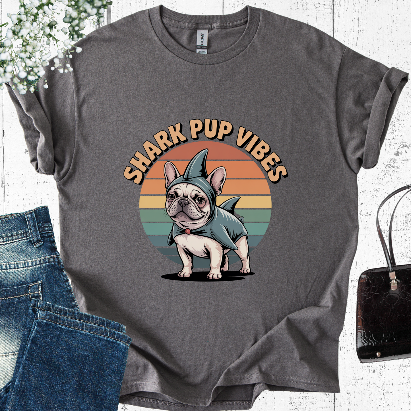 Gray t-shirt with a dog in a shark costume graphic and 'Shark Pup Vibes' text on a white background.