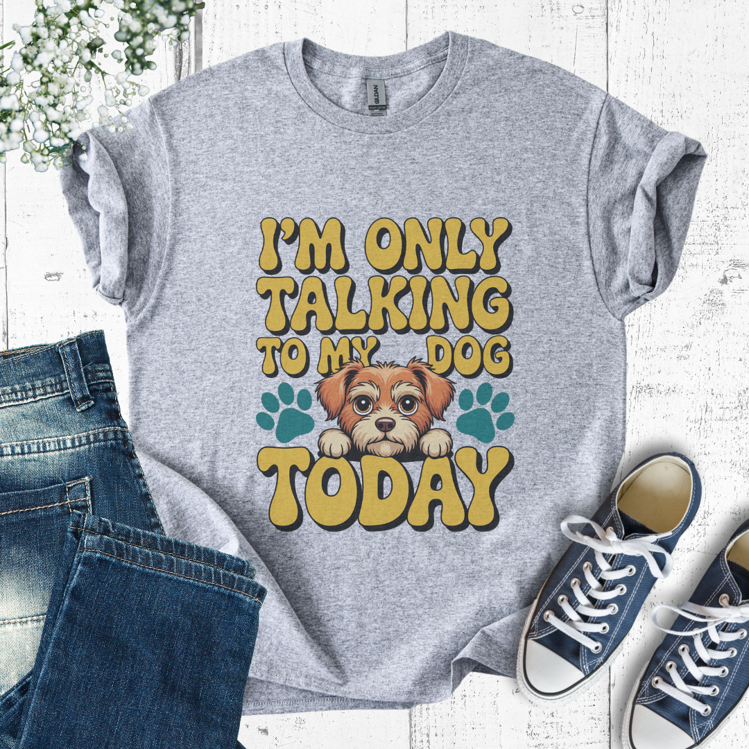 Gray t-shirt with a dog graphic and text on a white background