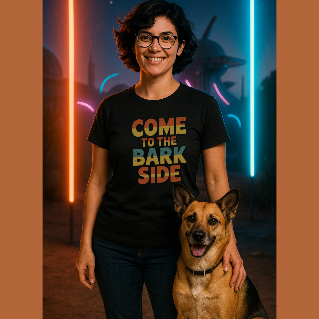 Person wearing a black t-shirt with 'Come to the Bark Side' text, standing next to a dog in a futuristic setting with neon lights.
