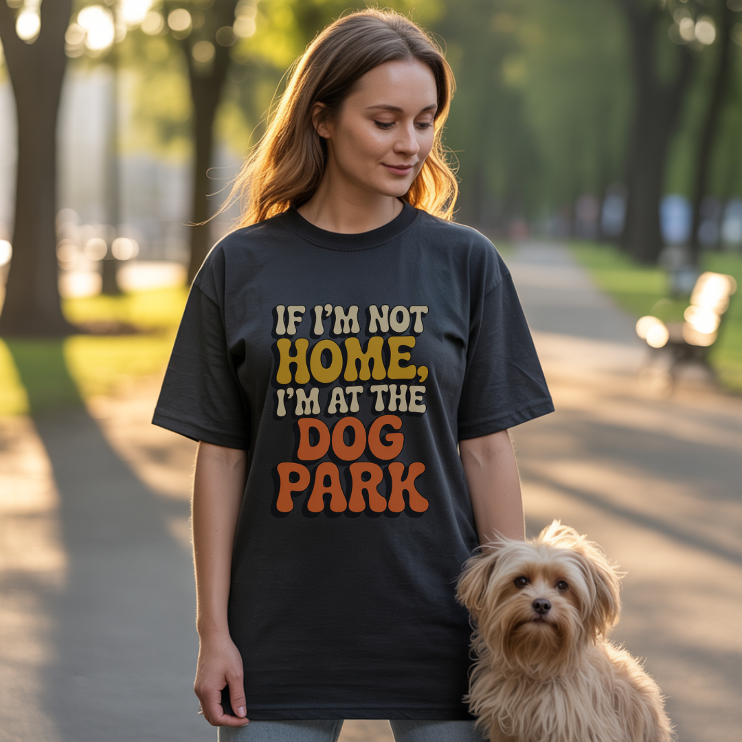 Woman wearing a t-shirt with a dog park quote, standing with a dog in a park setting.