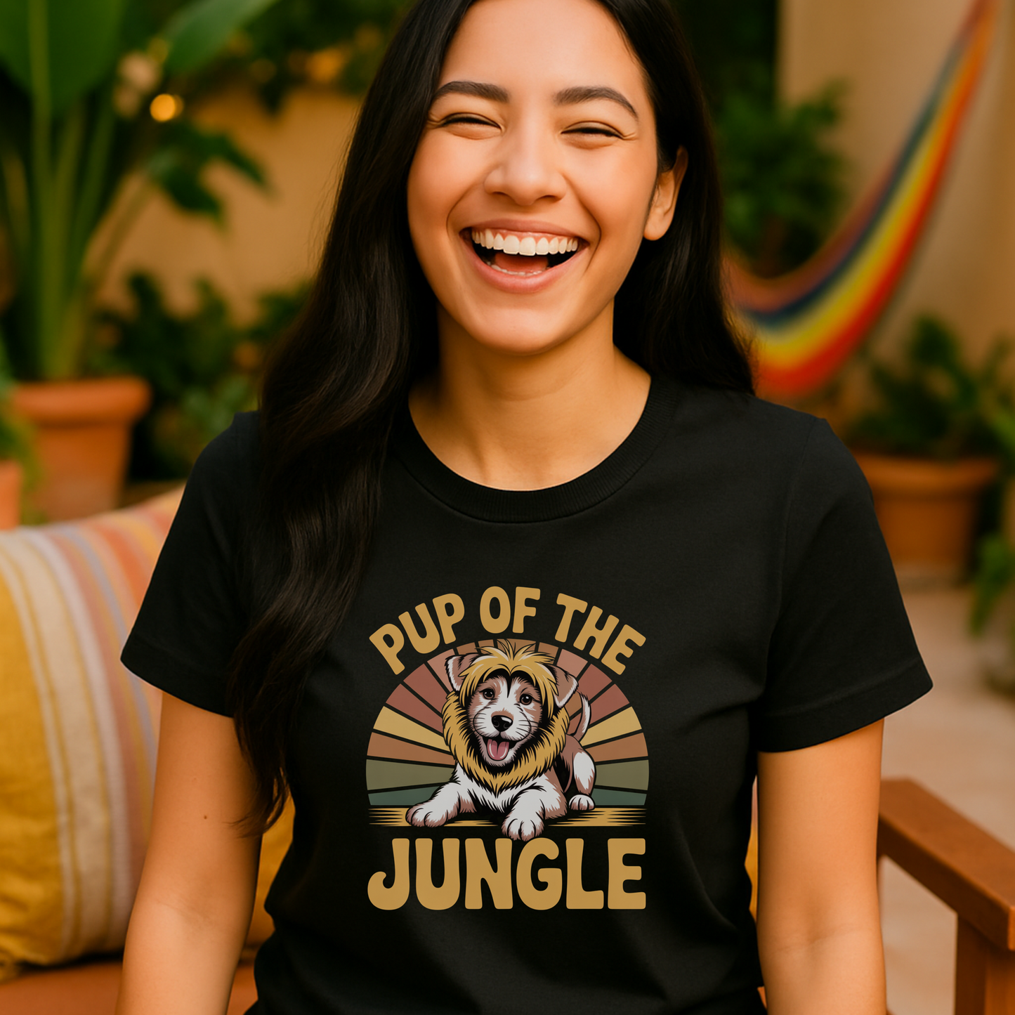 Woman wearing a black t-shirt with 'Pup of the Jungle' design, laughing outdoors.