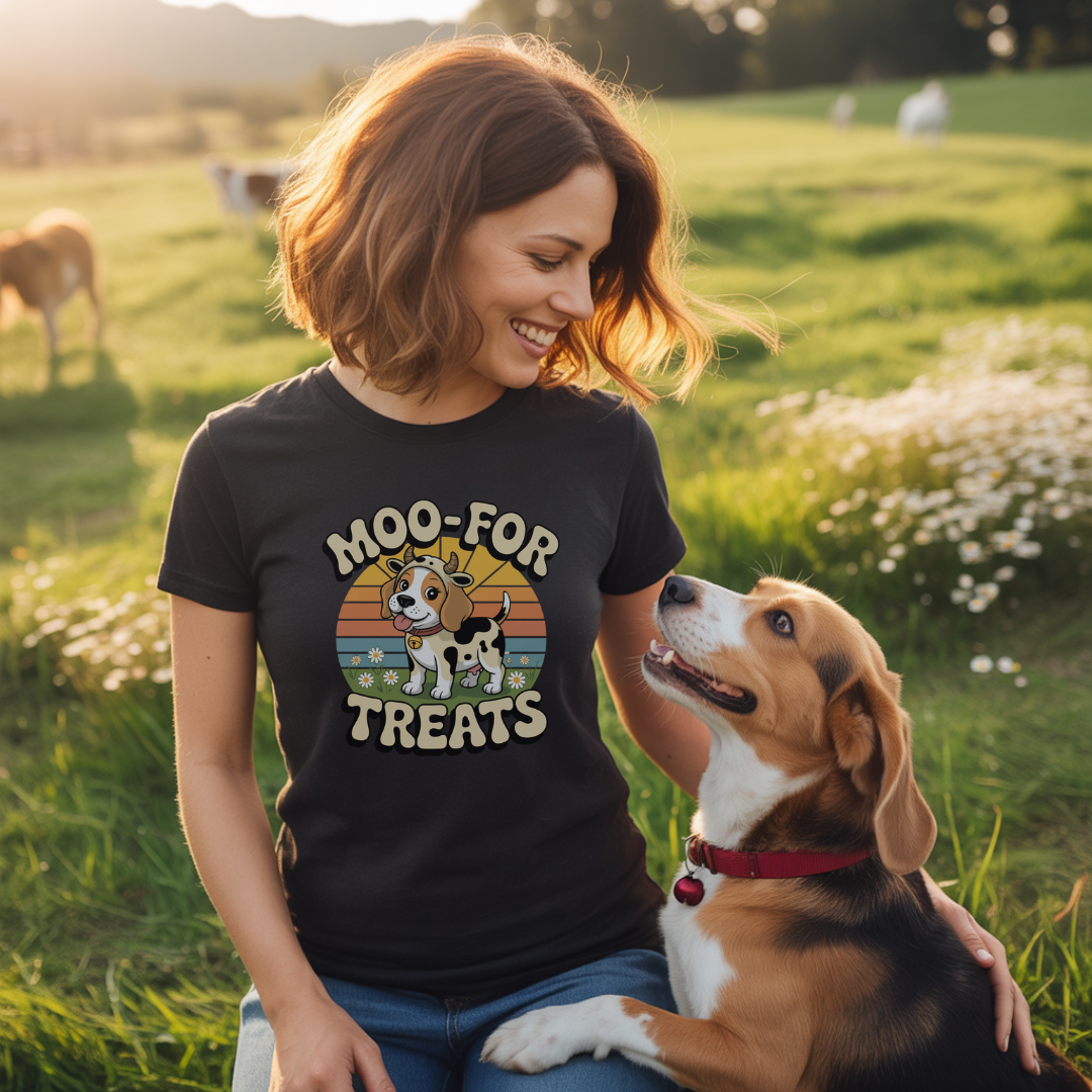 Woman wearing a 'Moo-for Treats' t-shirt sitting with a dog in a field.