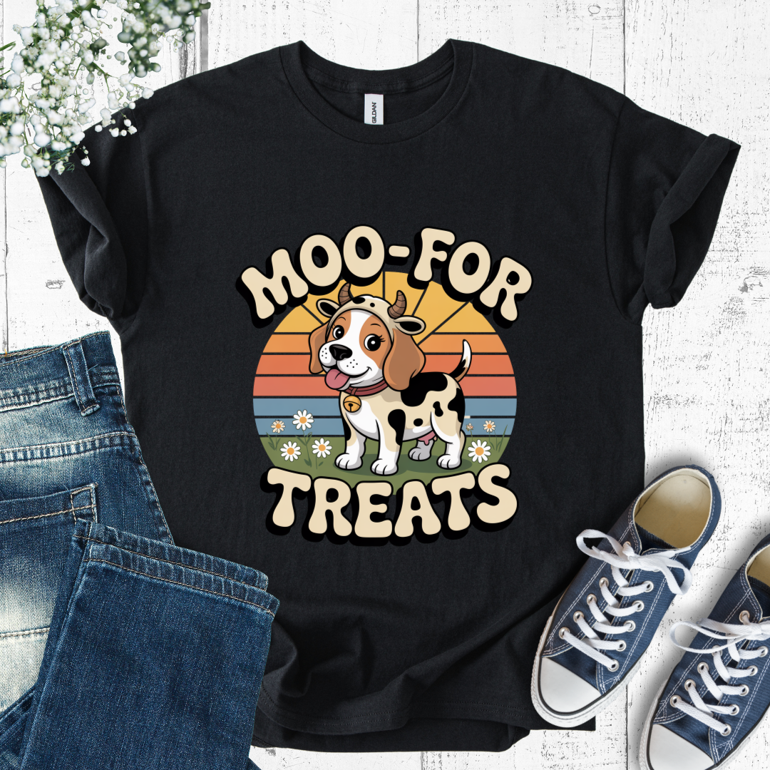 Black t-shirt with a cow-themed graphic and text 'MOO-FOR TREATS' on a white background.