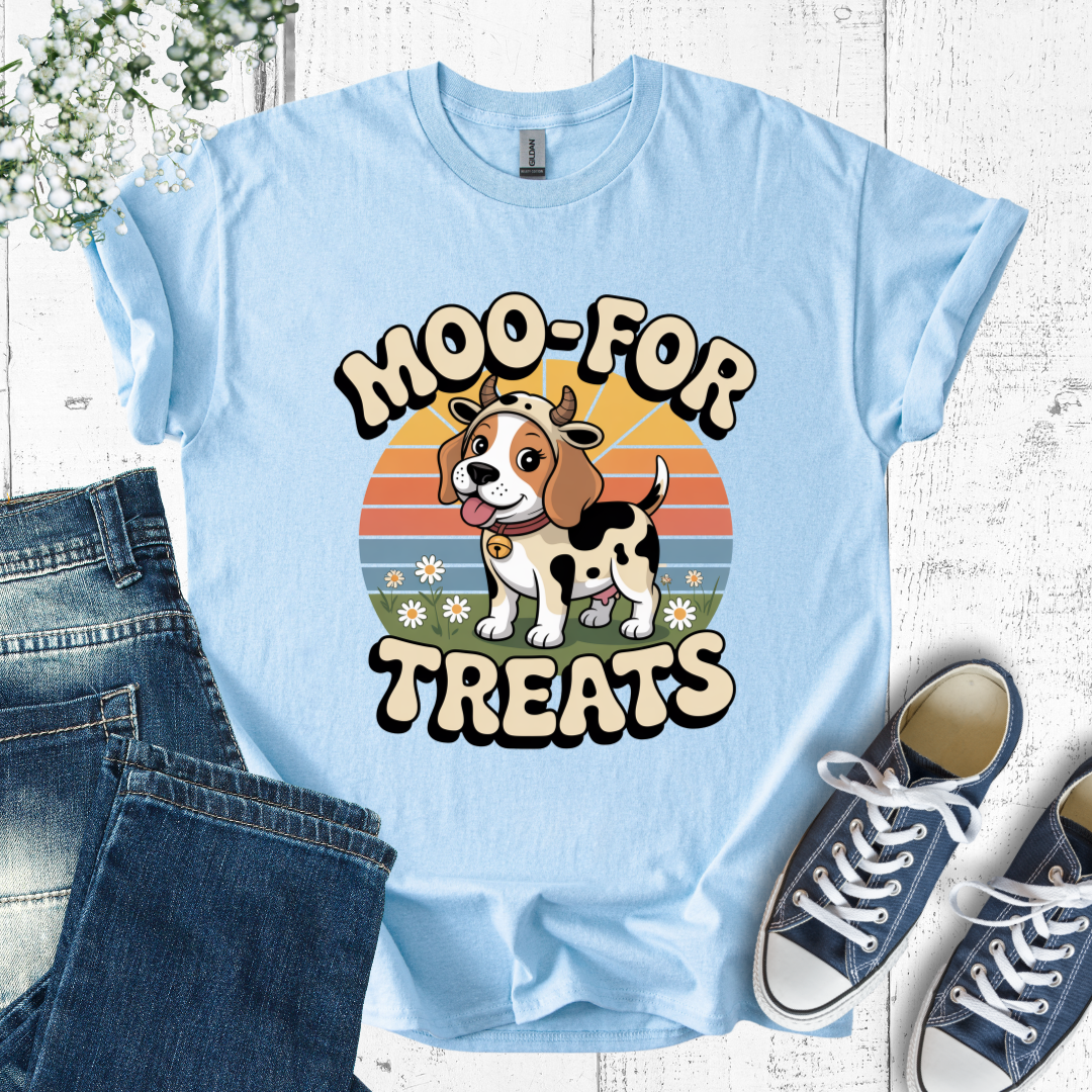 Light blue t-shirt with cow and dog graphic and 'Moo-For Treats' text, paired with jeans and sneakers.