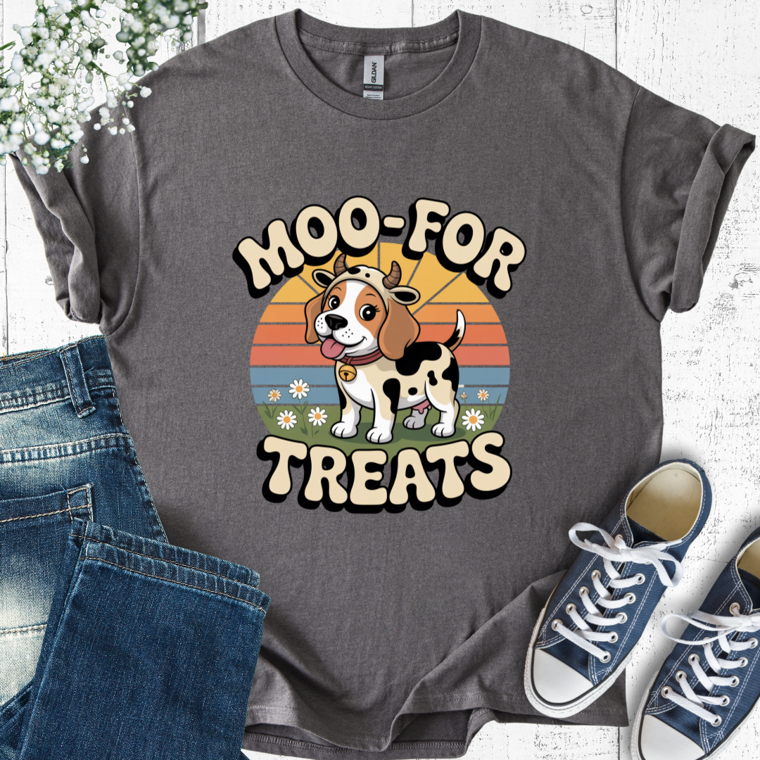 Gray t-shirt with a cow and dog graphic and 'Moo-For Treats' text, displayed with jeans and sneakers.