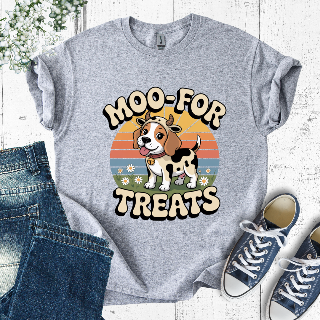 Gray t-shirt with a cow and dog graphic and 'Moo-for Treats' text, displayed with jeans and sneakers.