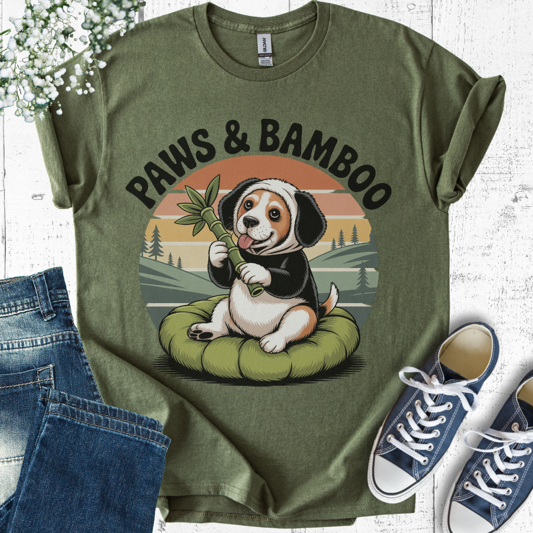 Green t-shirt with a dog graphic and 'Paws & Bamboo' text, paired with jeans and sneakers on a light wooden surface.