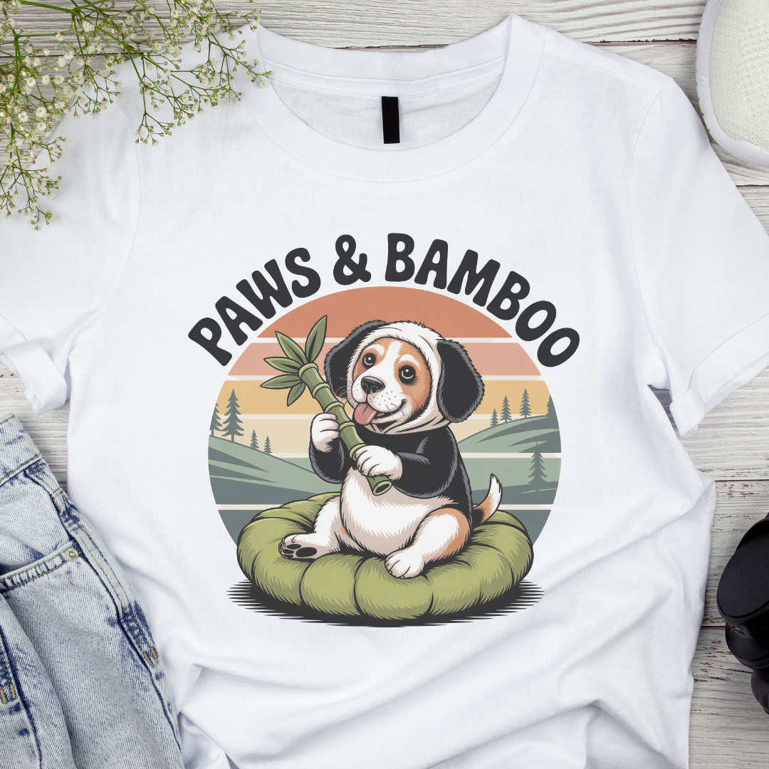 White t-shirt with a dog holding bamboo and 'Paws & Bamboo' text on a scenic background