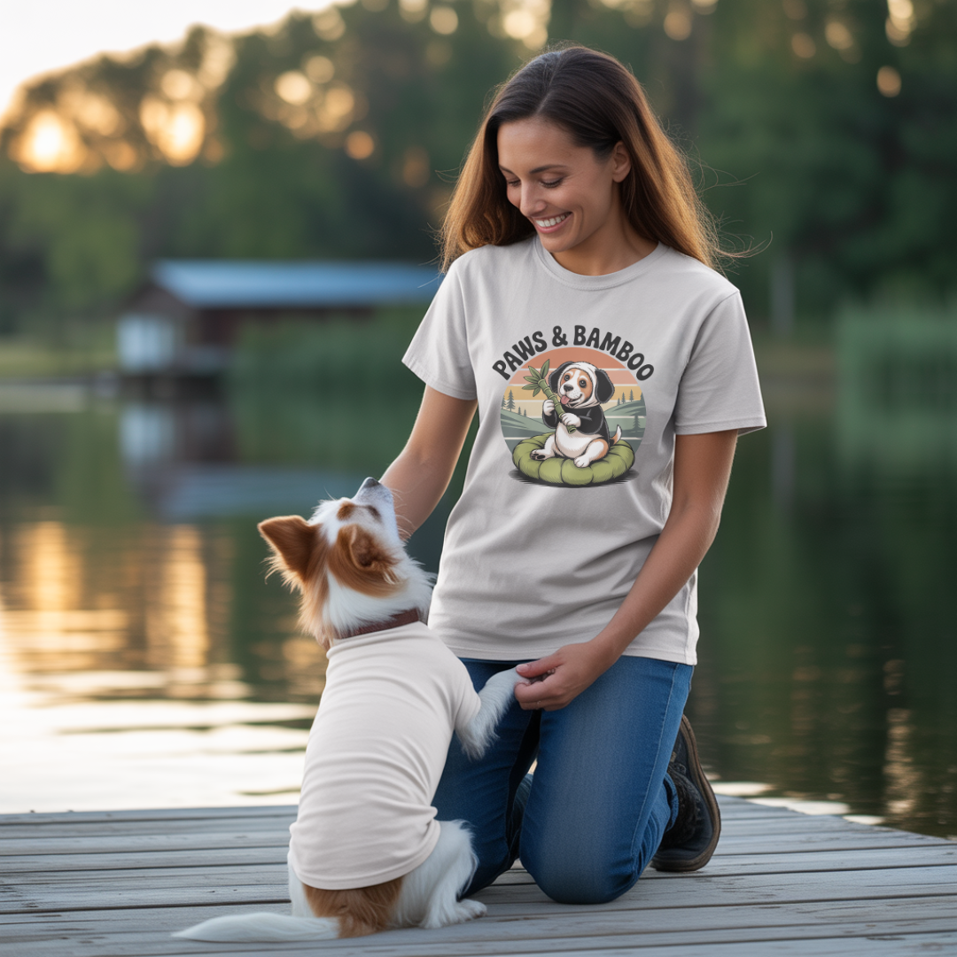 Woman wearing a 'Paws & Bamboo' t-shirt with a dog graphic, kneeling on a dock by a lake.