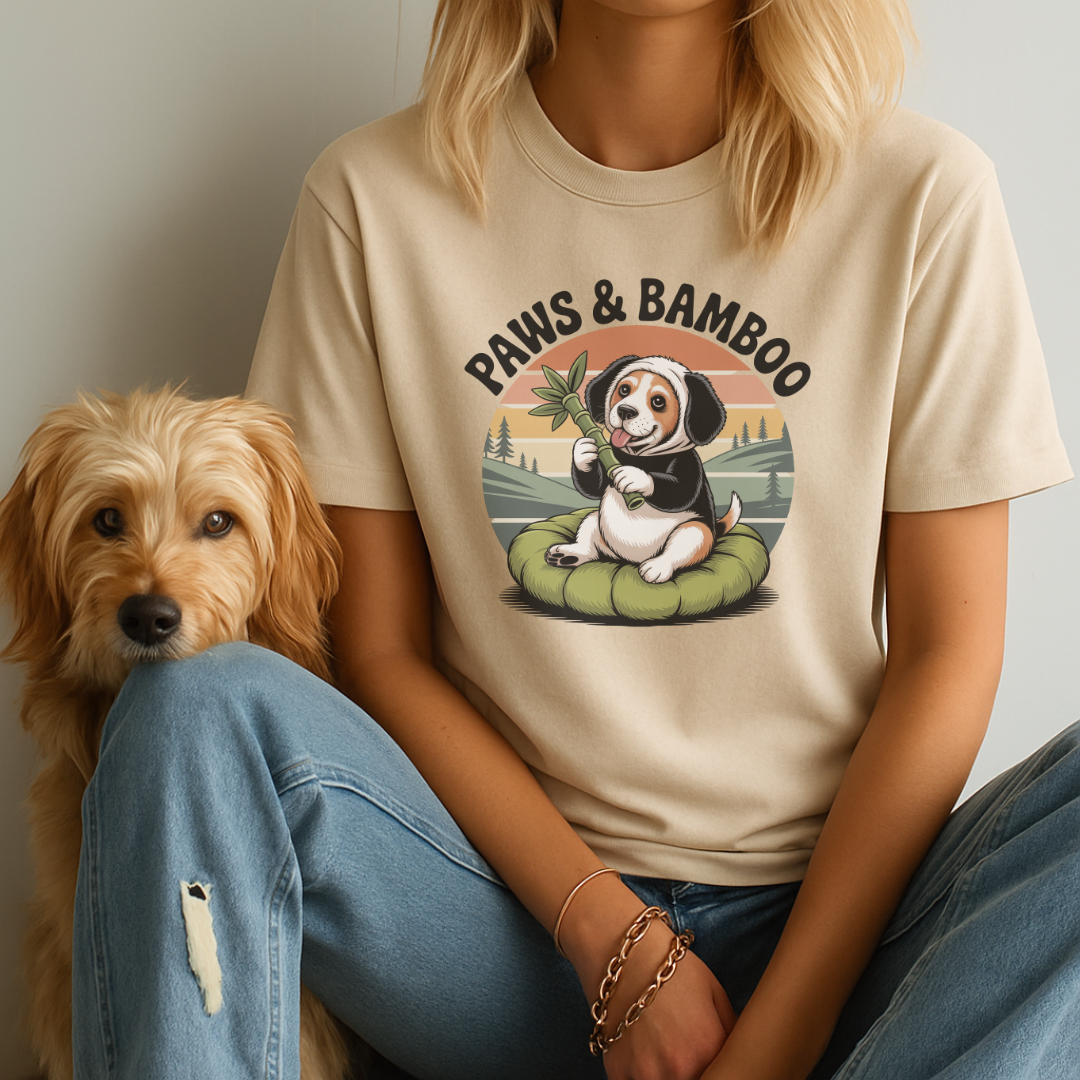 Person wearing a t-shirt with a cartoon panda and dog design, sitting next to a dog.
