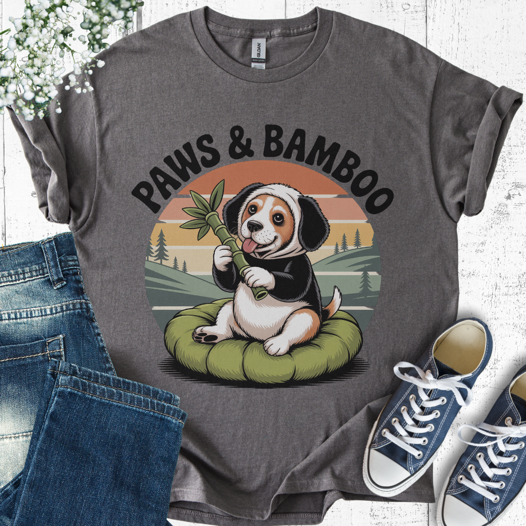Gray t-shirt with a dog graphic and 'Paws & Bamboo' text, displayed with jeans and sneakers.