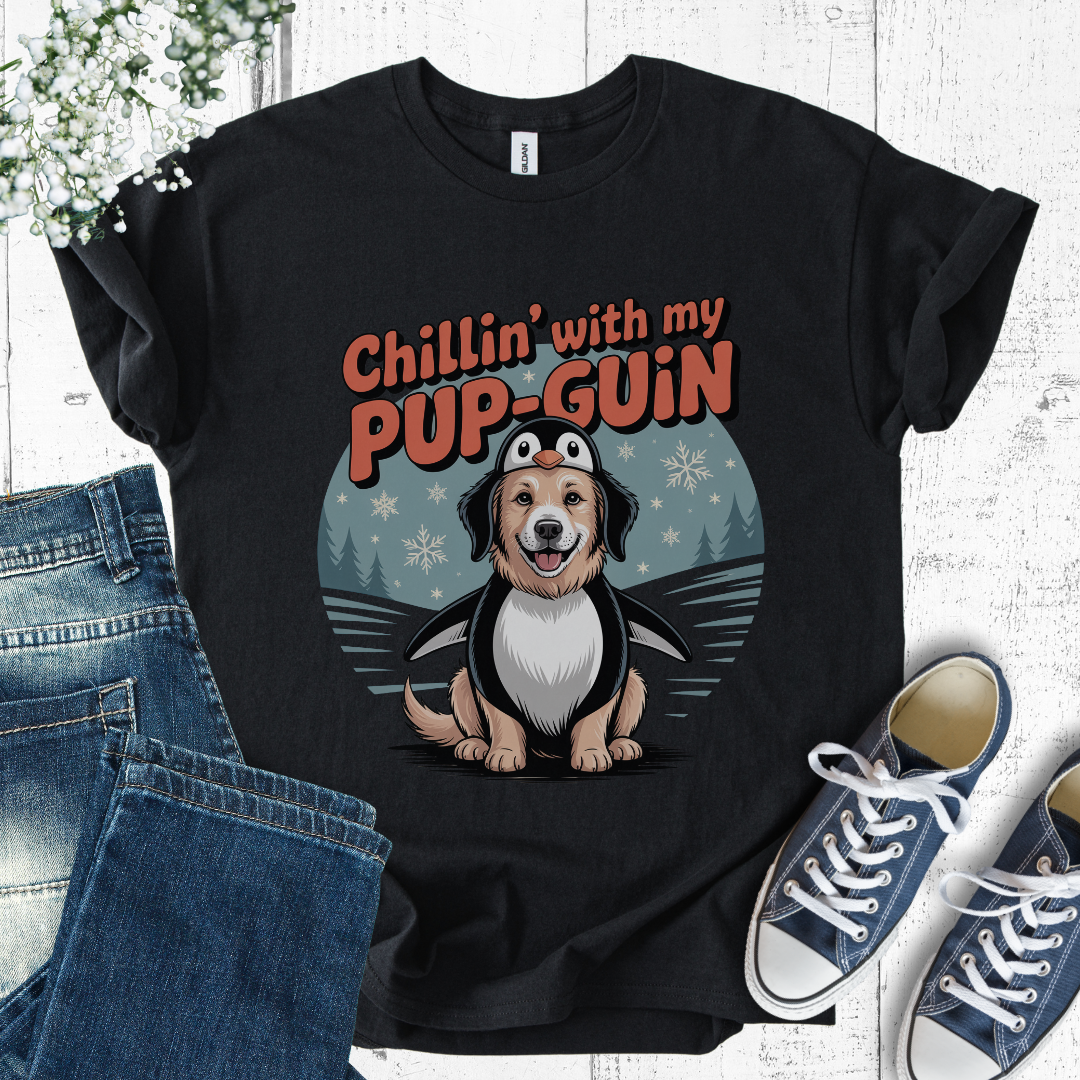 Black mockup t-shirt with text and penguin graphic saying: Chillin' with my Pup-Guin