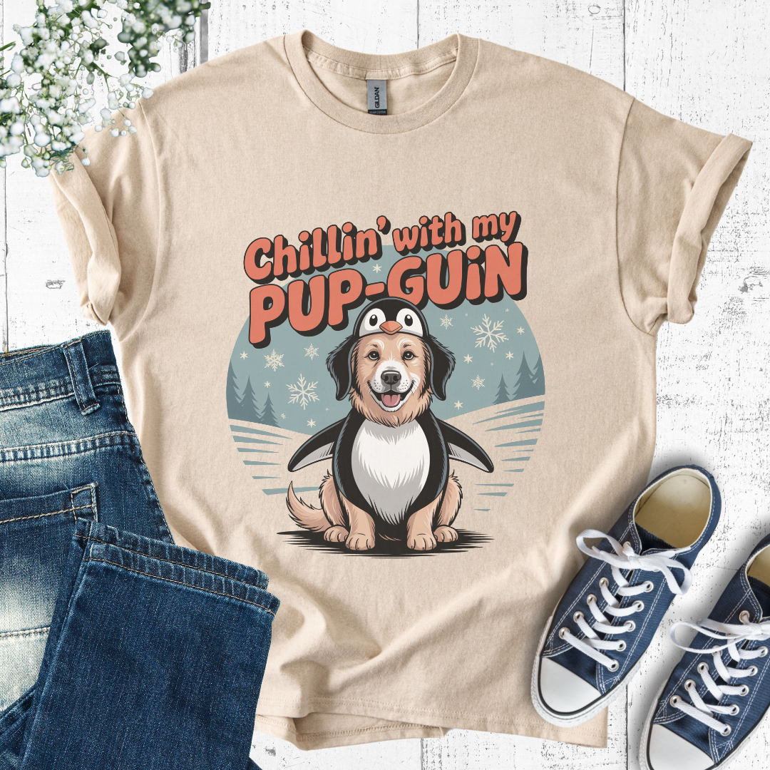 Beige mockup t-shirt with text and penguin graphic saying: Chillin' with my Pup-Guin