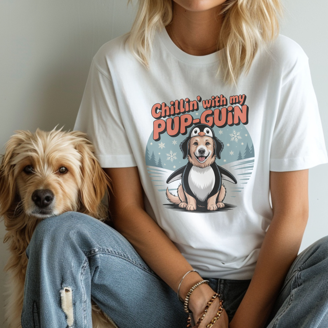 White mockup t-shirt with text and penguin graphic saying: Chillin' with my Pup-Guin