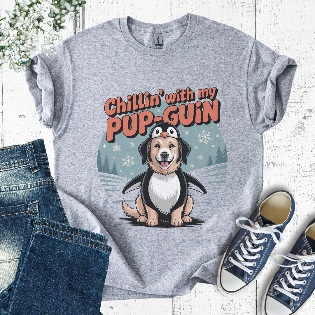 Sport Grey mockup t-shirt with text and penguin graphic saying: Chillin' with my Pup-Guin