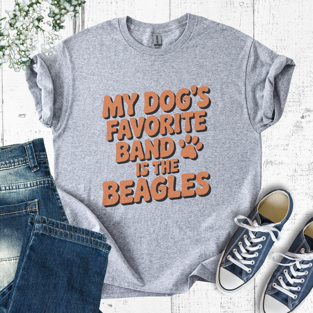 Gray t-shirt with 'My dog's favorite band is the beagles' text on a white background