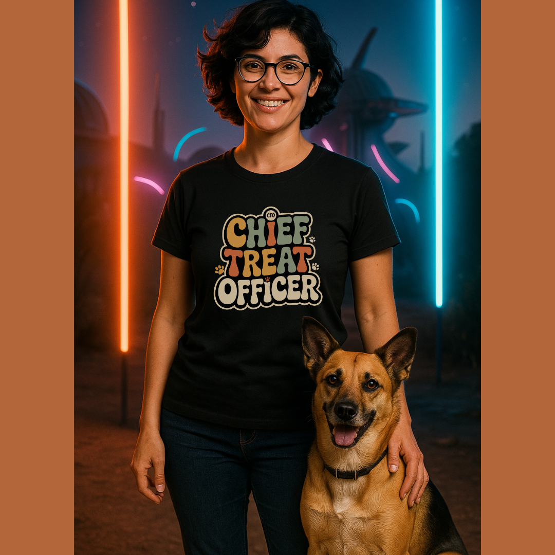 Person wearing a black t-shirt with 'Chief Treat Officer' text, standing next to a dog in a futuristic setting with neon lights.