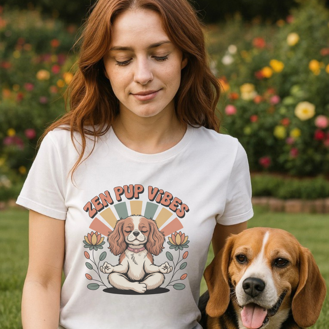 Woman wearing a 'Zen Pup Vibes' t-shirt with a dog graphic, standing outdoors with a dog.