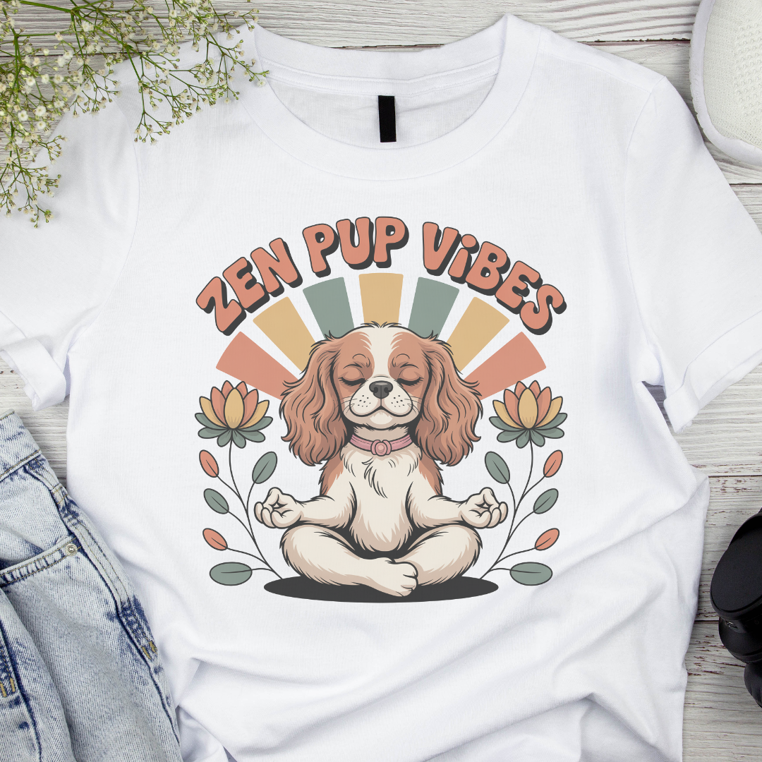 White t-shirt with a dog illustration and 'Zen Pup Vibes' text on a wooden surface.