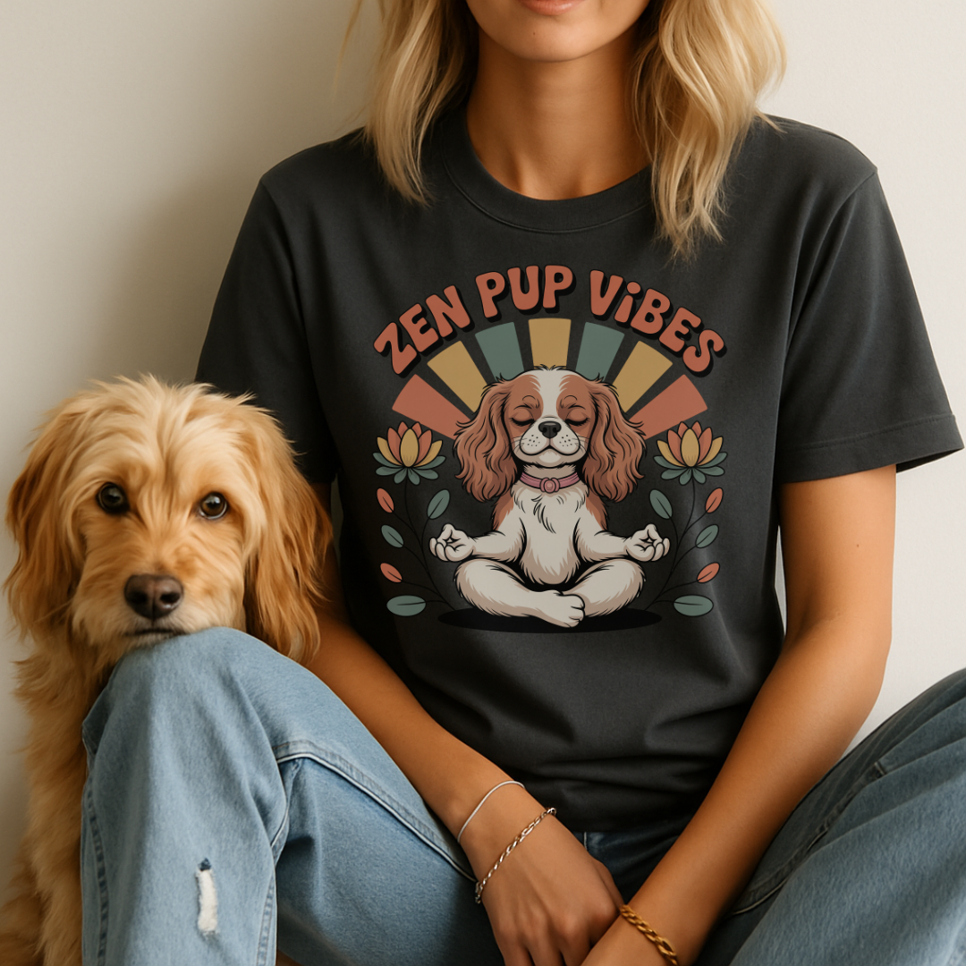 Person wearing a black t-shirt with 'Zen Pup Vibes' design sitting next to a dog.