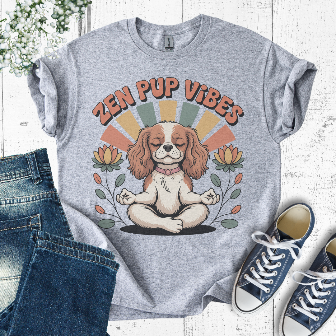 Gray t-shirt with a dog illustration and 'Zen Pup Vibes' text on a white background
