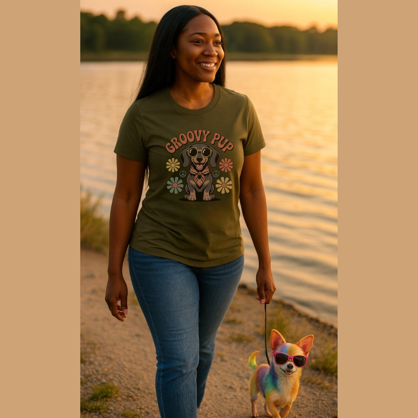 Woman walking a dog on a leash by a lake, wearing a 'Groovy Pup' t-shirt.