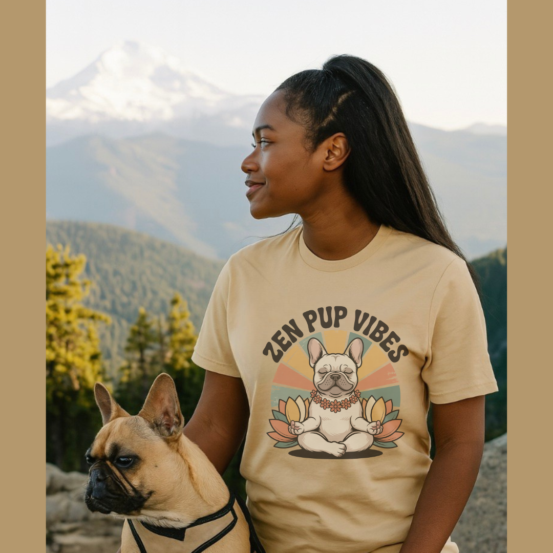 Woman wearing a 'Zen Pup Vibes' t-shirt with a dog graphic, standing outdoors with mountains in the background.