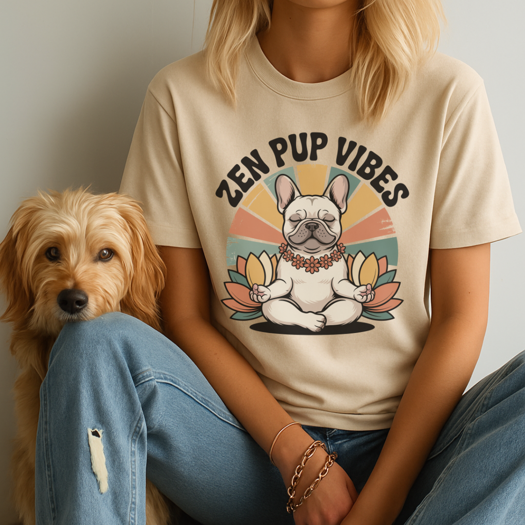 Person wearing a t-shirt with a dog graphic and 'Zen Pup Vibes' text, sitting next to a dog.