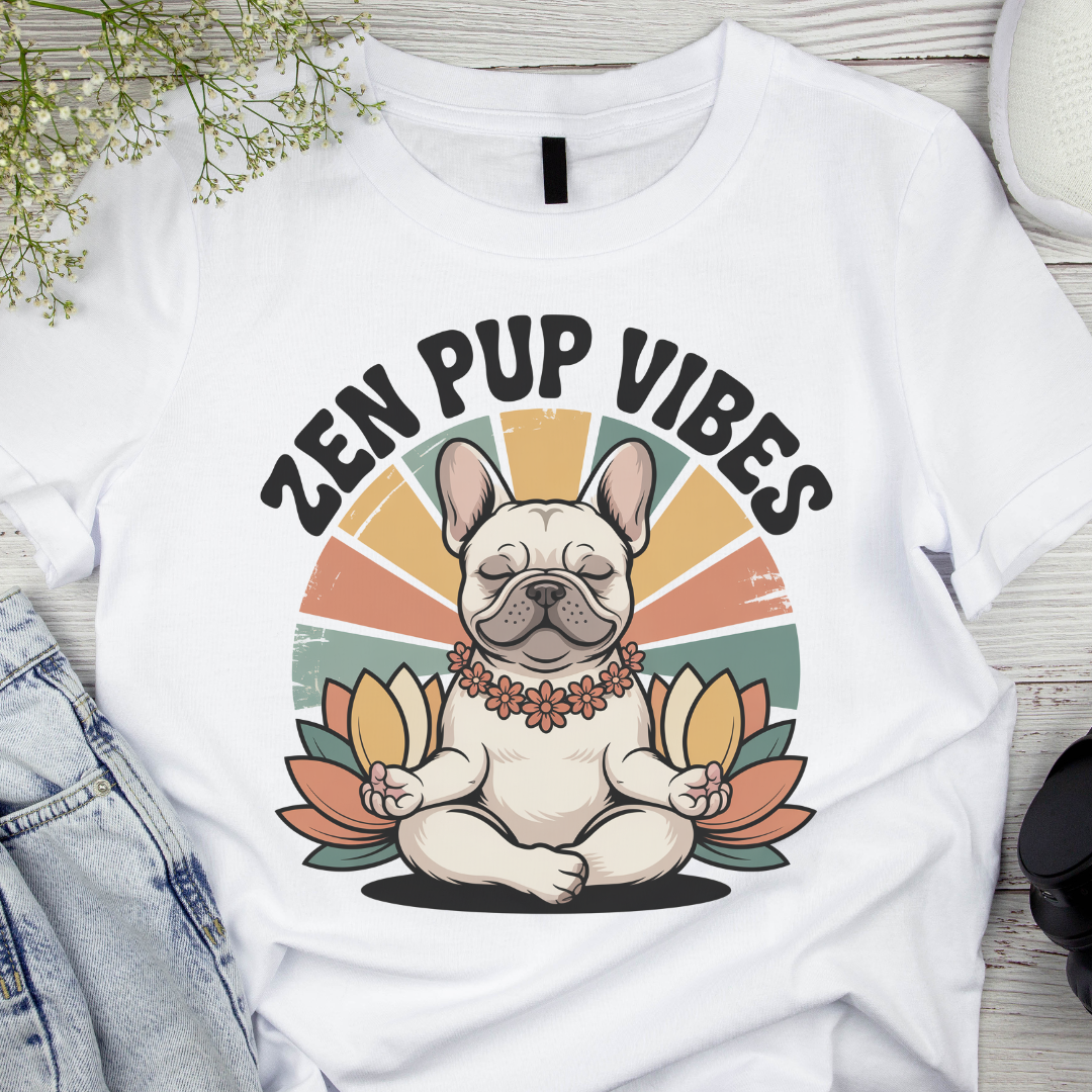 White t-shirt with a dog illustration and 'Zen Pup Vibes' text on a wooden surface.