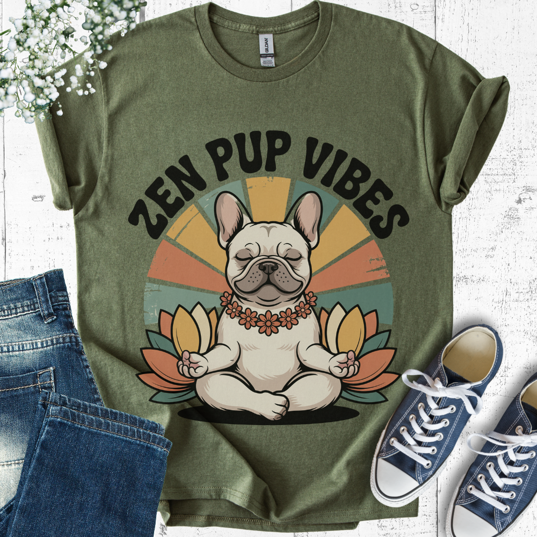 Green t-shirt with a dog graphic and 'Zen Pup Vibes' text, paired with jeans and sneakers on a light wooden surface.