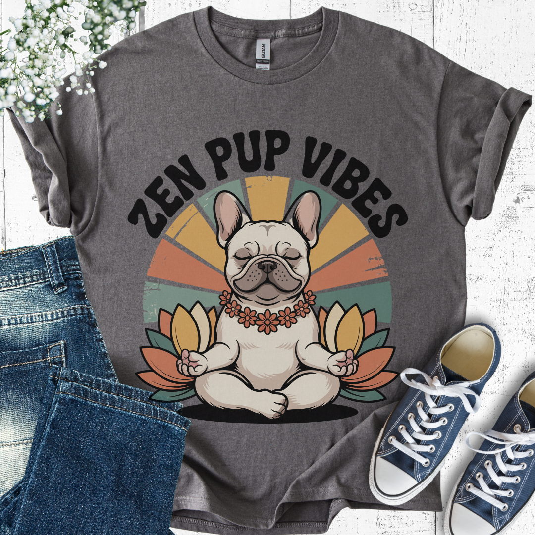 Gray t-shirt with 'Zen Pup Vibes' design featuring a dog, paired with jeans and sneakers on a light wooden surface.