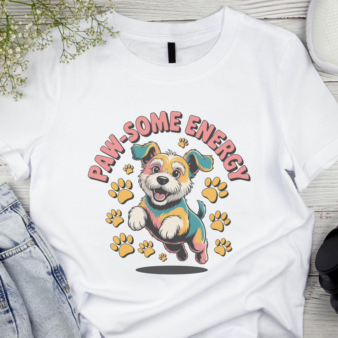 White t-shirt with a cartoon dog and 'Paw-some Energy' text on a wooden surface.