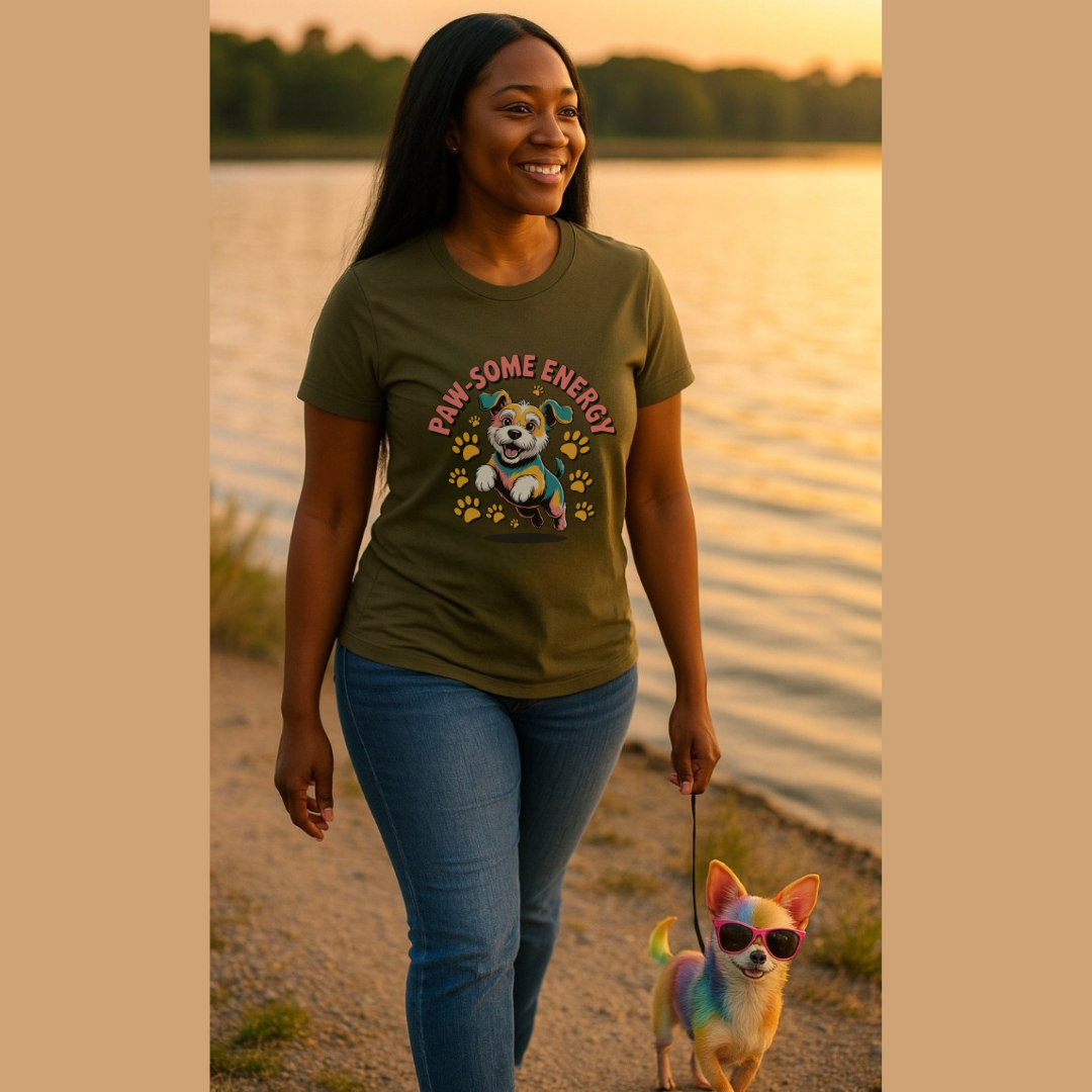 Woman walking a dog on a leash by a lake, wearing a t-shirt with a cartoon dog design.