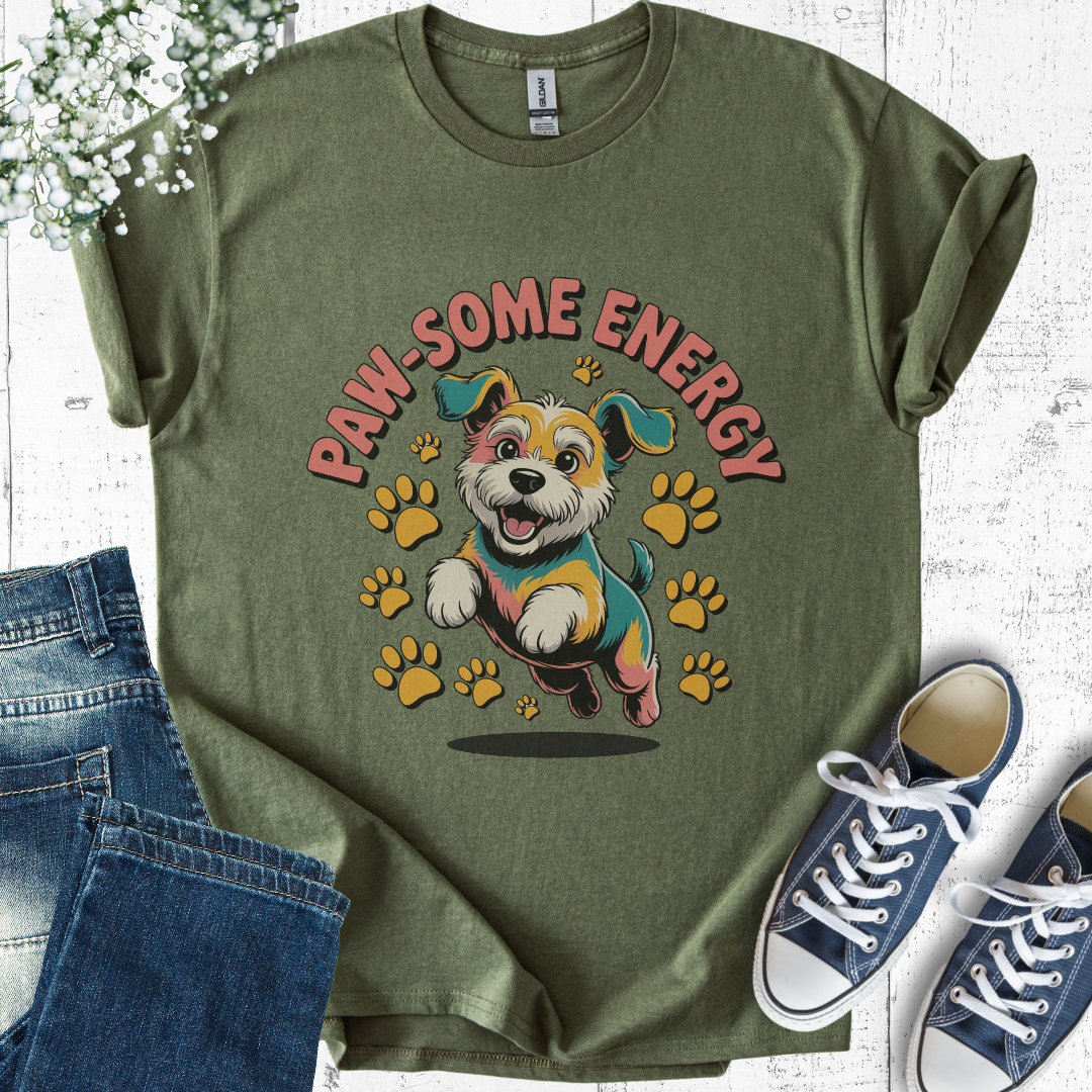 Green t-shirt with a dog graphic and 'PAW-SOME ENERGY' text, paired with jeans and sneakers on a light wooden surface.