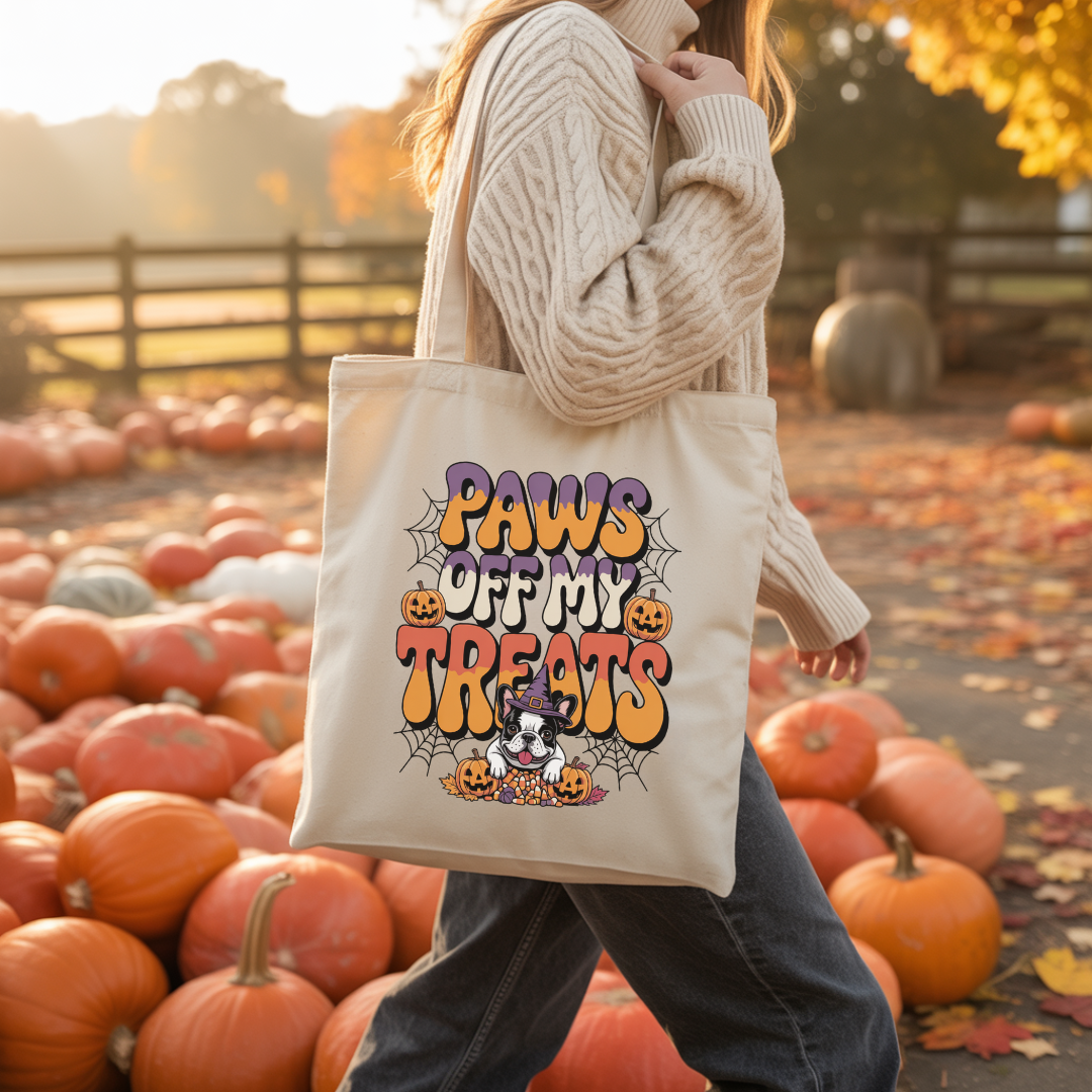 Person holding a tote bag with 'Paws off my treats' design in a pumpkin patch.