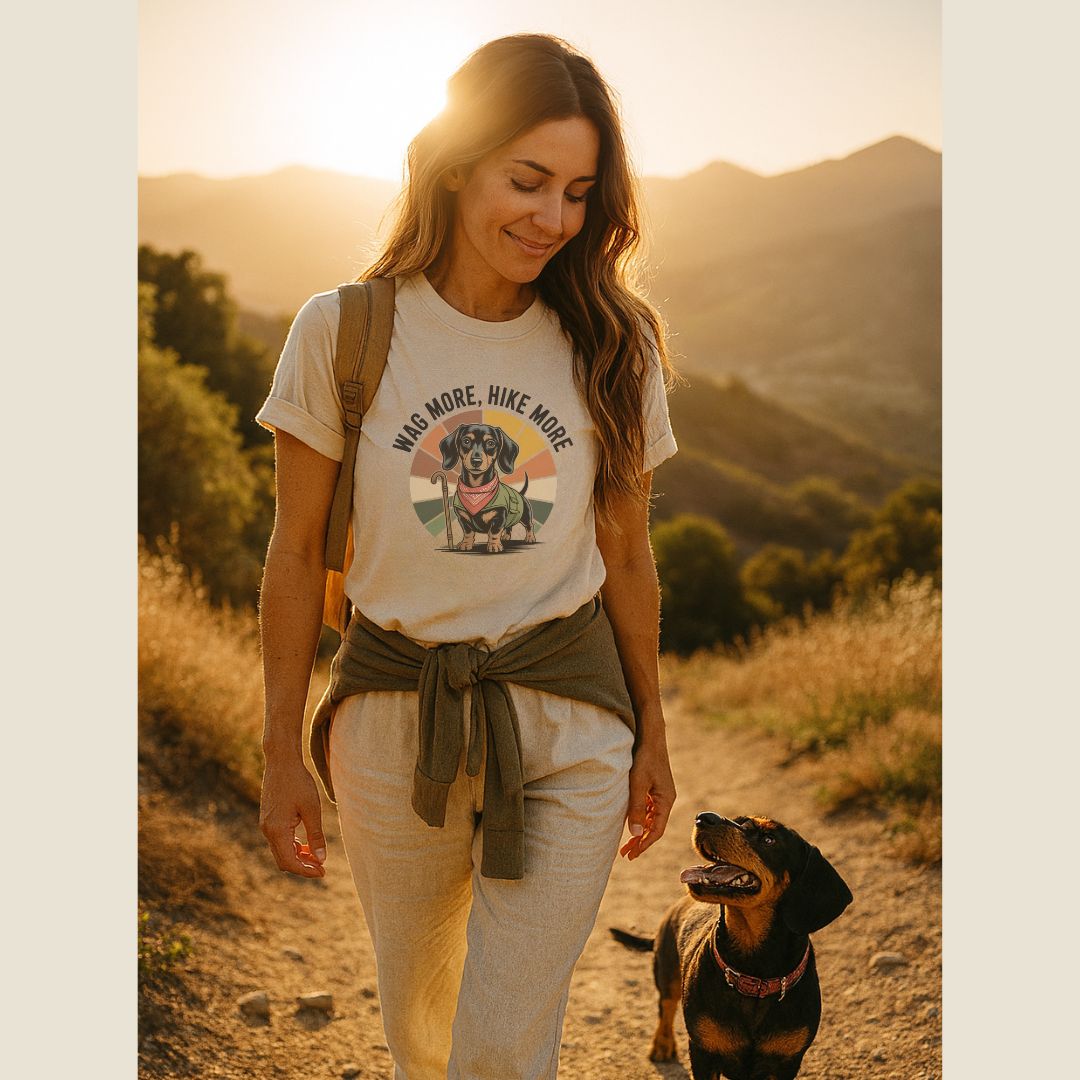 Unisex t-shirt with retro dog graphic and ‘Wag More, Hike More.’ text, perfect for dog lovers.