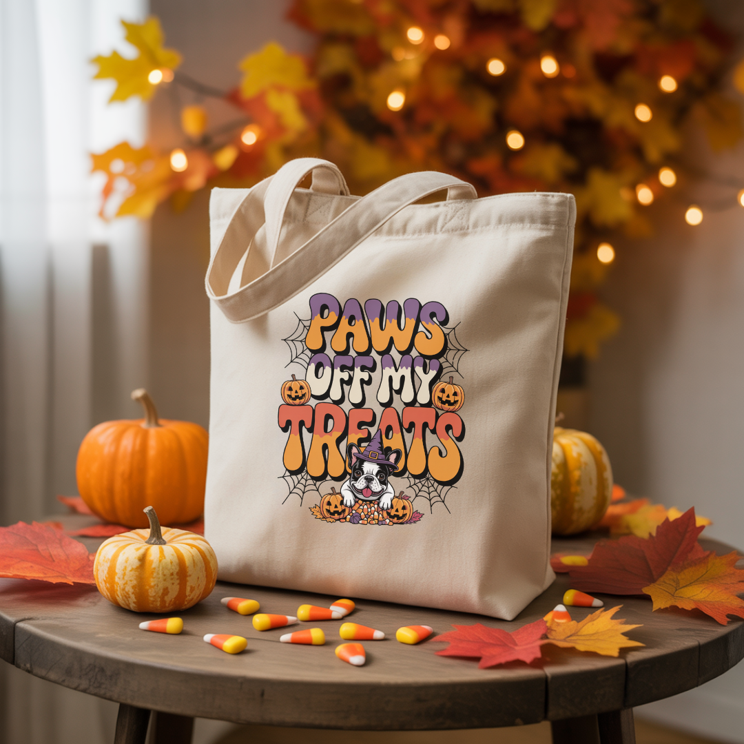Tote bag with 'Paws off my treats' design on a table with pumpkins and leaves, autumn decorations in the background.