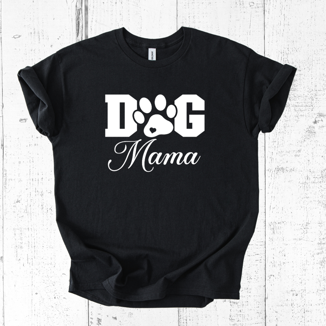 Black t-shirt with 'Dog Mama' text and paw print design on a white wooden background