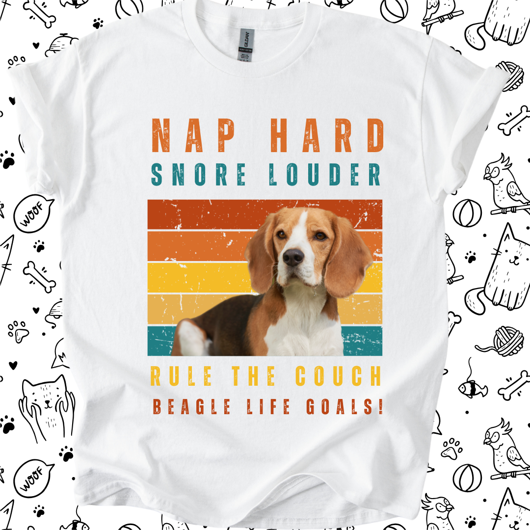 Beagle-themed "Nap Hard Snore Louder" T-shirt for dog lovers and pet owners.