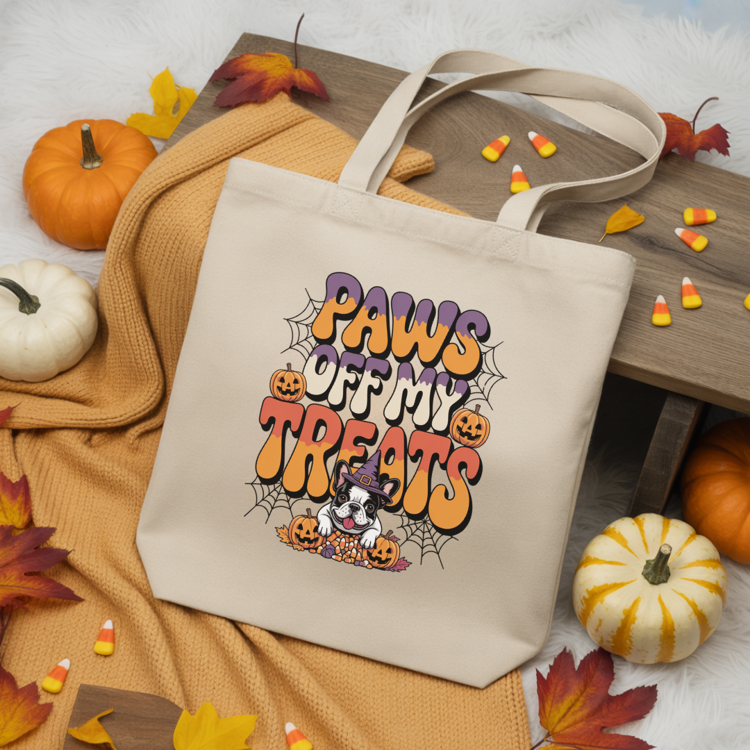 Beige tote bag with 'Paws off my treats' text and Halloween design on a wooden table with pumpkins and leaves.