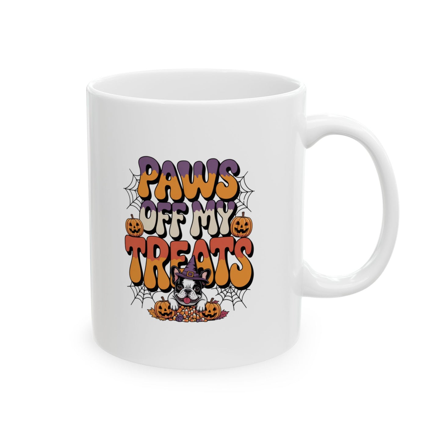 White mug with Halloween-themed design featuring text 'Paws Off My Treats' and cartoon dog.