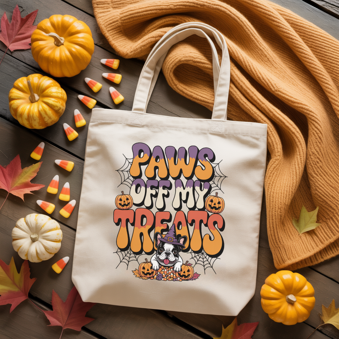 Tote bag with 'Paws Off My Treats' design surrounded by pumpkins, candy corn, and leaves on a wooden surface.